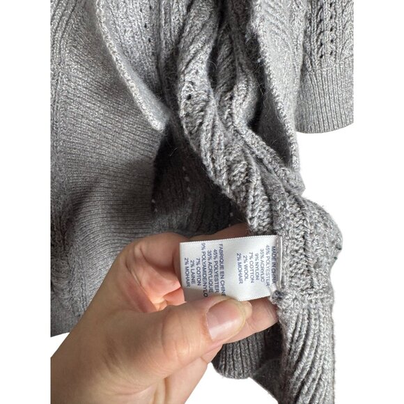 Gray Open Front Knit Cardigan With 3/4 Sleeves & Cable Detail - Picture 3 of 5